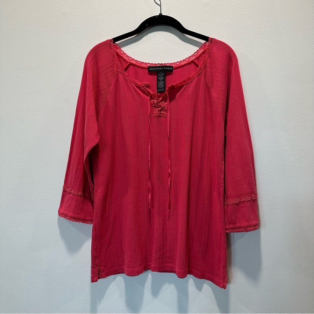 Josephine Chaus Coral Eyelet Knit 3/4 Sleeve Trim Lace Blouse Women’s size Large